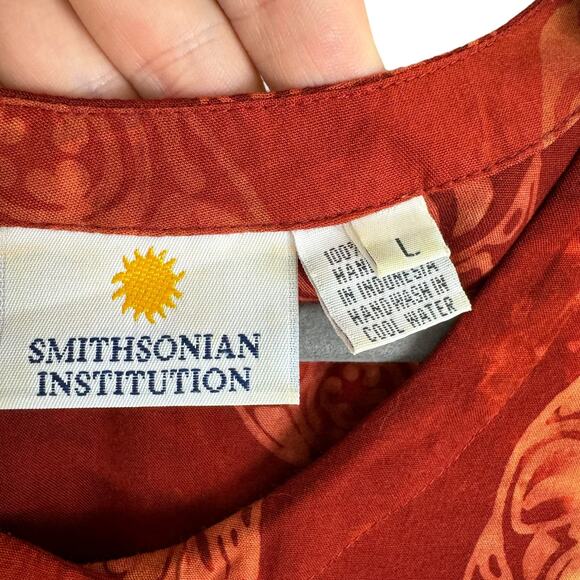 Smithsonian Institution Orange Short Sleeve Pleated Rayon Long Button Up Dress L - Picture 6 of 7